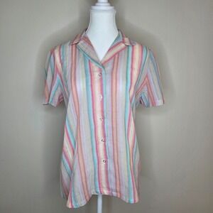Vintage 70s Sears Pastel Stripe Button Up Shirt Semi Sheer Short Sleeve Size L‎